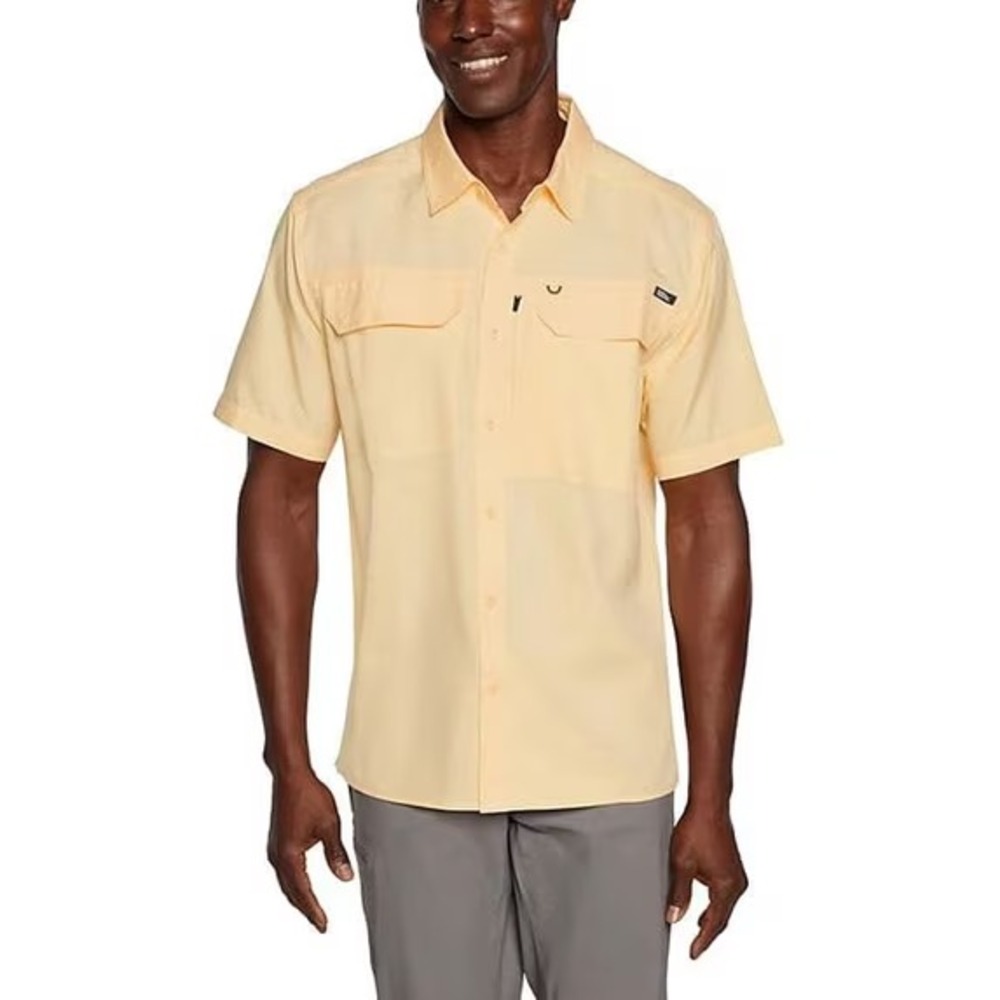 Eddie Bauer Shirt Mens MEDIUM Yellow Relaxed Fit Wicking Woven Tech UPF 50